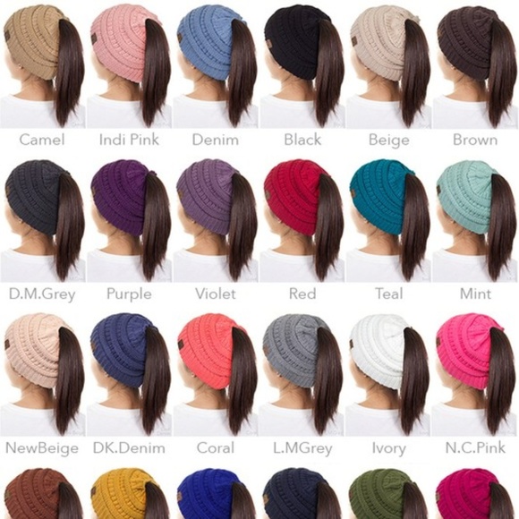 CC Ponytail Beanie Hat Messy Bun Brown Camel - Picture 2 of 2
